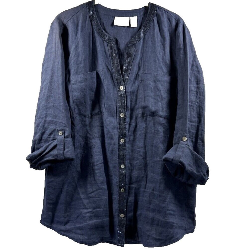 Chicos Women's Linen Top Large Navy Blue Roll Tab Long Sleeves Sequin‎ Button Up